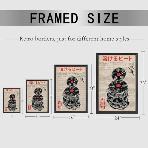 Vintage Vinyl Record Canvas Wall Art Funny Melting Beat Newspaper Poster Abstract Japanese Music Record Aesthetic Prints Painting For Home Bedroom Dorm Living Room Wall Decor 16x24in Framed - color: Multi 05 Framed, size: 16"L x 24"W