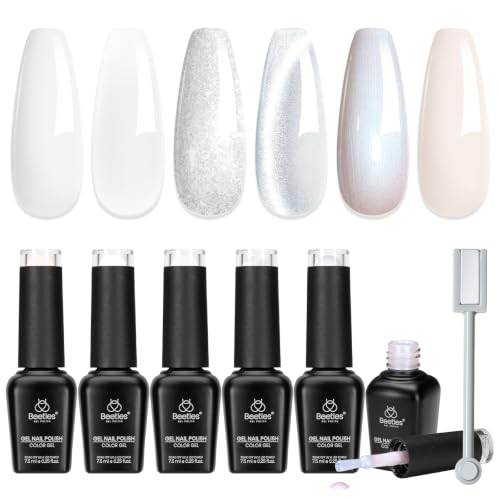 Beetles White Gel Nail Polish Set, Milky White Silver Glitter Pearl Cat Eye - color: A-Mixed Finishes | Cloud Aura