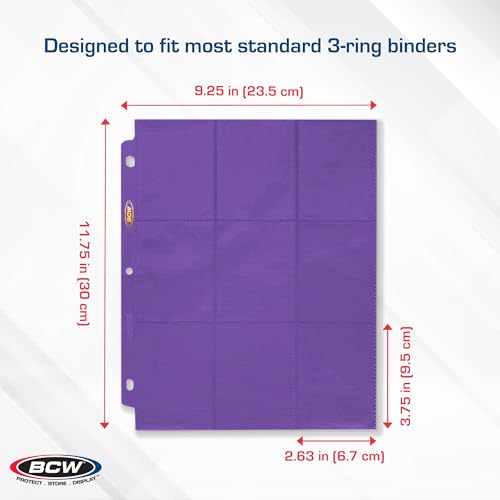 BCW Double-Sided 9-Pocket Pages Holder | Trading Card Binder Sheets | Secure Side Loading - Accommodates 18 Cards - 9 Each Side - color: Purple