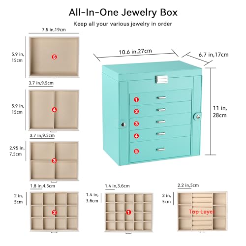 Frebeauty 6-Layer Jewelry Box for Women,Large Jewelry Organizer with Drawer - color: Turquoise, size: Large