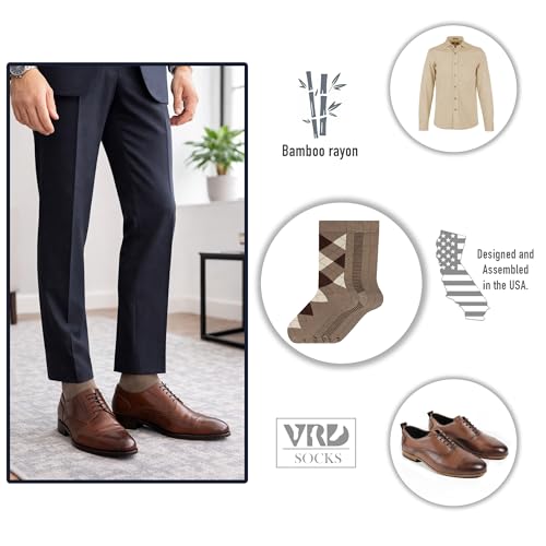 VRD Men's Dress Socks Bamboo Rayon, 5-Pack Crew Socks, Multiple Colors and Designs, Shoe Size 8-13, Gift Box - color: 06: Brown, 5-pack Mix (2 Solid, 1 Striped, 1 Dotted, 1 Argyle)