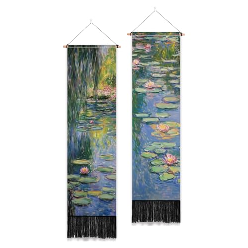 PLIGREAT 2 Pack Oil Painting Tapestry with Tassels, Lotus Pond Art Wall Hanging Vertical Monet Style Home Wall Tapestry for Bedroom Living Room Long Narrow Decor, 52" x 13" - color: blue,green