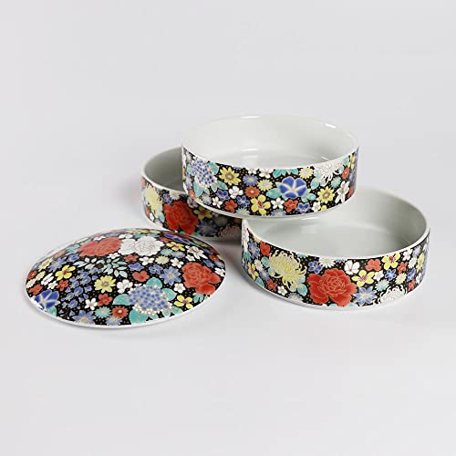 Traditional Japanese Bento Box, 3-tiered, Kutani Ware SK457 (Black flower design) - color: Black flower design