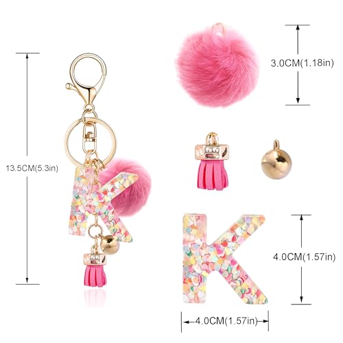 Resin Alphabet Initial Letter Keychain Keyring for Women Purse Handbags With Fur Ball Pom - color: Deep Pink Fur Ball Letter K