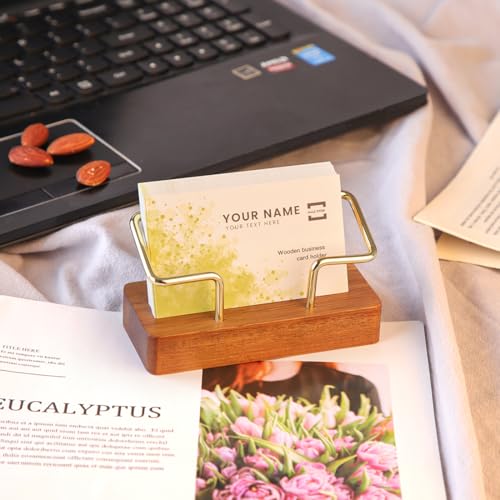 Wooden Business Card Holder, Business Card Holder for Desk with Golden Accents, Display Stand Postcard Holder for Office Home Desktop, Office Desk Accessories for Men and Women