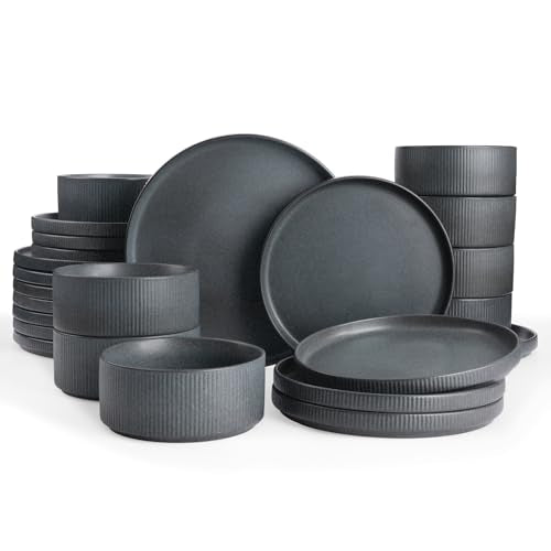 Famiware Star Stoneware Dinnerware Sets for 8, Reactive Glaze Plates, Bowls - color: Matte Dark Charcoal