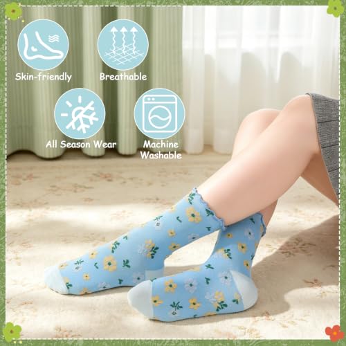 5/6 Pair Crew Socks for Women Floral Socks - color: Black, Blue, Light Red, Gray, Green