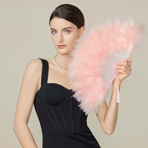 BABEYOND Marabou Feather Fan 20s Vintage Folding Fan Flapper Hand Fan for Costume Dancing Show Tea Party Wedding Decoration (Pink-Pink Rib) - color: Pink-pink Rib