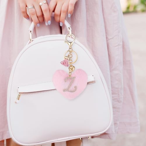 Initial Letter Heart Pom Pom Keychain for Women Pink Soft Fluffy Ball Key Ring for Purse Backpack Handbag - color: Z
