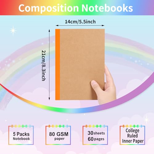 EOOUT 5 Pack A5 Composition Notebook, Kraft Lined Journal Bulk with Rainbow Spine, 5 Colors, 60 Pages for Women Girls Kids, School Office Supplies - color: Rainbow, style: Lined-5pack