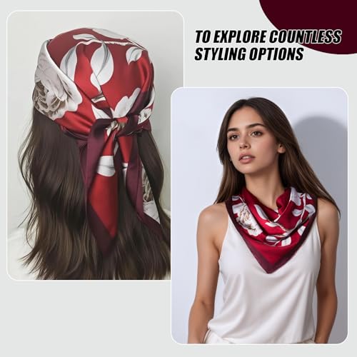 Seawhisper Premium Printed Satin Silk-Like Neck Scarf for Women Square 26" - color: Burgundy
