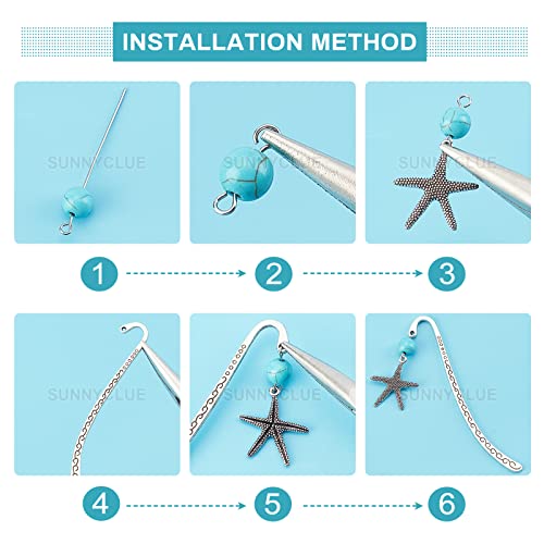 SUNNYCLUE DIY 6 Set Ocean Metal Hook Bookmarks Making Kit 6pcs Leaf Tibetan Style Alloy Bookmark with Starfish Shell Alloy Pendants & Turquoise Beads for DIY Book Marks Making,4.6inch Long - color: Diy 6 Sets Sea Hook Bookmarks Antique Silver