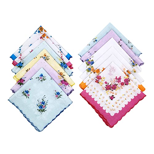 Cotton Ladies' Vintage Floral Handkerchiefs for Wedding Party 12 pack, Small