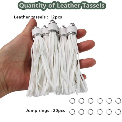 4.3''White Leather Tassels 12Pcs with Silver Caps for Keychains - color: White