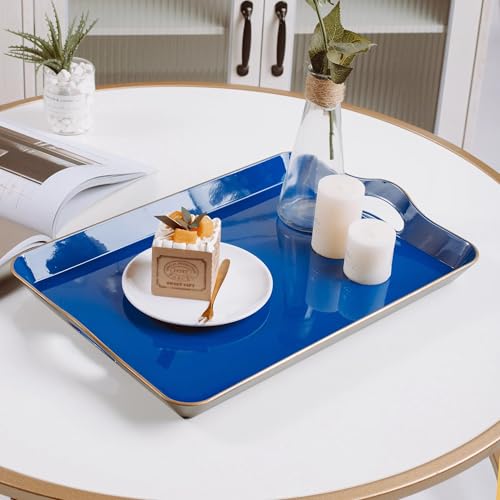 Spsyrine Large Blue Serving Tray with Handles, Plastic Decorative Tray for Coffee Table, Ottoman, Bathroom, Home Decor 17.3"*11.8"*2" - color: L2blue