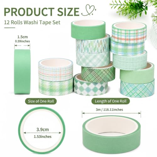 12 Rolls Washi Tape Set, Fresh Matcha Green Decorative Tape,Assorted Styles