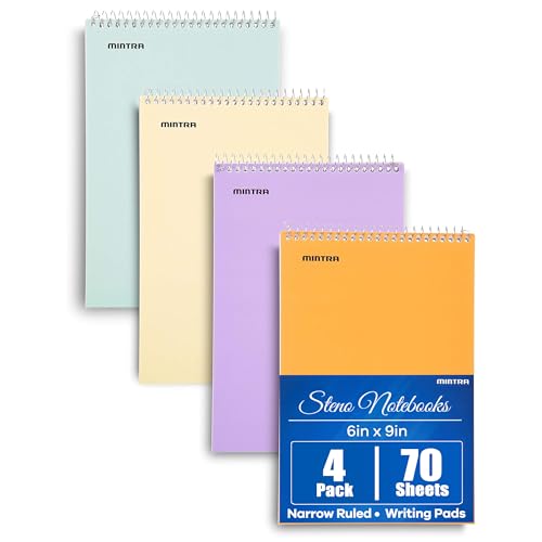 Mintra Office Steno Book - (Pastel Colors, 4 Pads/Pack, Narrow Ruled) - 6inx9in, 70 Sheets, Notebook for writing notes in school, university, college, work, office - color: Pastel Colors 4pk, size: Narrow Ruled