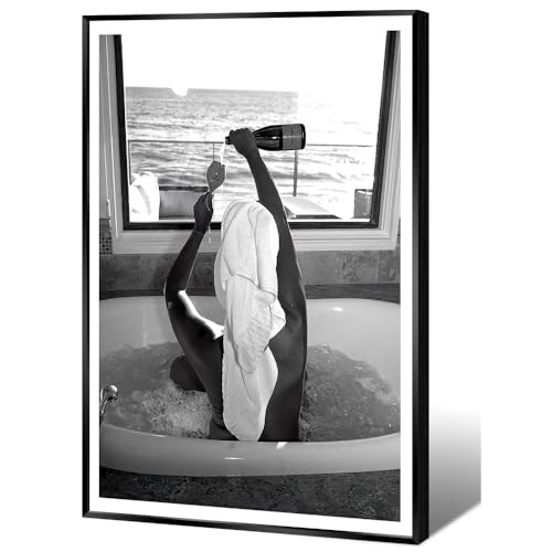 Trendy Black and White Poster Funny Woman Drinking Wine in Bathtub Wall Art Funky Girl Room Decor Fashion Vintage Bar Cart Canvas Prints for Dorm Bathroom Apartment Aesthetic 12x16in Metal Black Frame - color: Black Frame 4, size: 16"L x 12"W