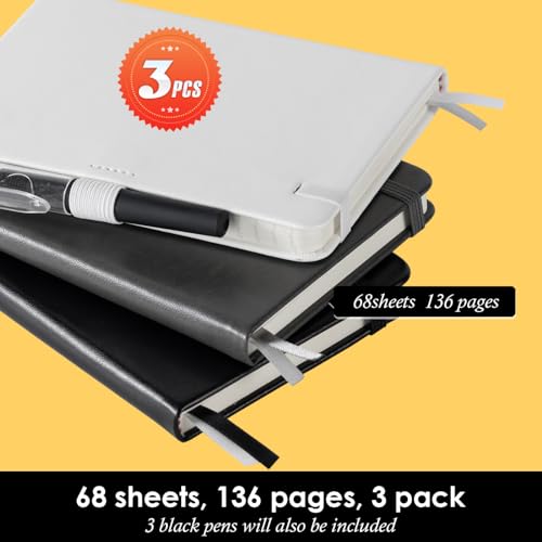 NIRMIRO Small Notebook Pocket Size Journal 3.7" x 5.7", 3 Pack, (White, Grey, Black), 408 Pages, A6 Mini Notepad with Pen, Small Leather Note Book, 100GSM Lined paper, Hardcover - color: Black_gray_white, size: A6
