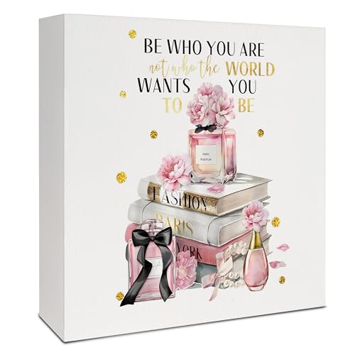 Coquette Pink and Gold Bathroom Decor, Be Who You are Inspirational Wooden Box Sign, Pink Girly Wood Signs for Girls Room Dorm Apartment Desk Table Shelf Decor, 5x5 Inch - color: B-Be Who You are