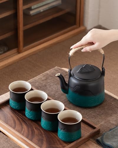 ZENS Ceramic Teapot with Infuser, 33.8oz Japanese Loose Leaf Tea Teapot - color: Black/Green, size: 33.8oz Teapot&4 of 8oz Cups