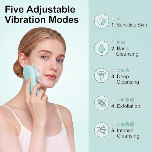 Silicone Facial Cleansing Brush，500mAh Rechargeable Face Scrubber，IPX7 Waterproof Electric Face Scrubber with 5 Adjustable Levels,for Deep Cleaning,Exfoliating & Massaging (Blue) - color: Blue
