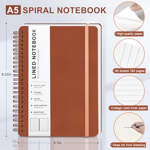 Lined Spiral Notebook for Women, A5 College Ruled Leather Spiral Journals - color: Brown, size: A5