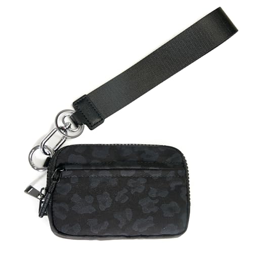 Wristlet Wallet for Women with Clear ID Window, Zip Coin Purse and Keychain - color: Black Leopard