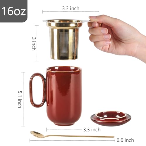 vicrays Ceramic Tea Mug Infuser - Large Cup 16 oz Hot Loose Steeping Handle Teacup with Leaf Infuser Spoon Lid - Tall Glazed Strainer Coffee Mug Microwave Safe - Cherry Red - color: Cherry Red