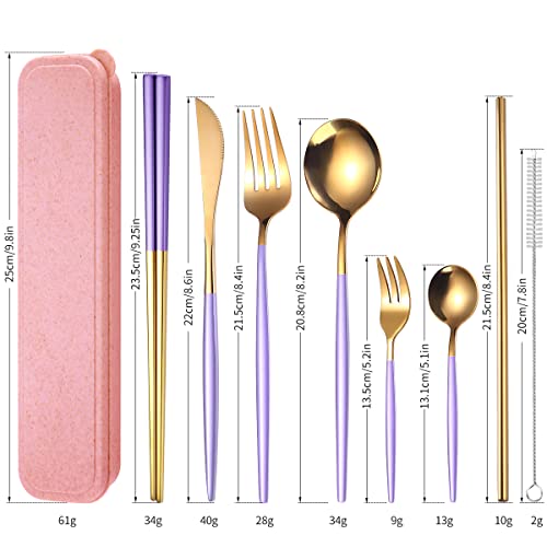 AARAINBOW 8 Pieces Stainless Steel Flatware Set Portable Reusable Cutlery Set Travel Utensils Set Including Chopsticks Knife Fork Spoon Straws Cleaning Brush Dishwasher Safe (Purple Golden) - color: Purple Golden