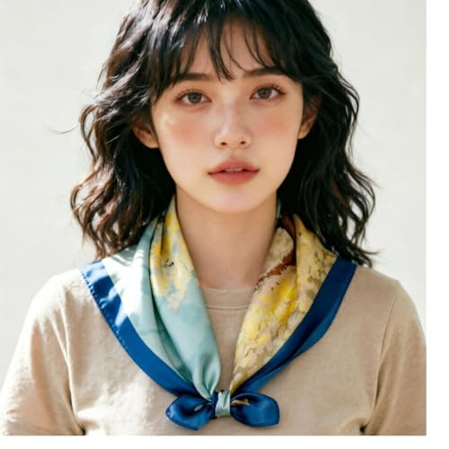 100% Pure Mulberry Silk Scarf women Scraf Small Square 21x21“ Lightweight Neckerchief horse print Dot Digital Red - color: 11#yellow Tree