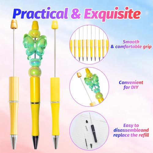 150 Pieces DIY Beadable Pens Kit - 50 Fall Plastic Beadable Pens Bulk, Refills & Pen Bags Included - Beaded Pens Black Ink Ballpoint Cute Pens for Students Teacher（Yellow+Golden） - color: Yellow, size: 50