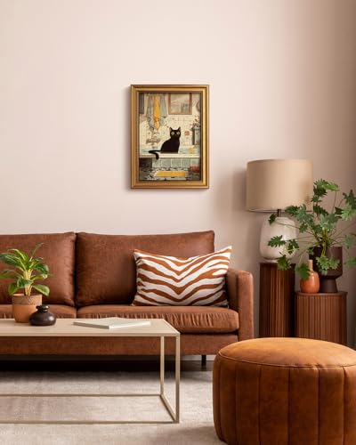 HUARCEY Gold Framed Canvas Wall Art, Bathroom Cat Vintage, 12x16Inch - color: Bathroom Cat, size: 16"L x 12"W