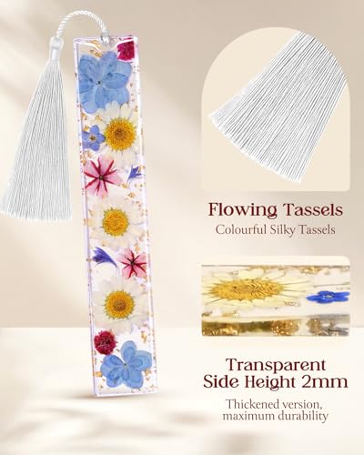 Buleens 2PCS Bookmarks for Women - Purple Book Marks for Readers Book Lovers, Personalized Handmade Dried Flower Resin Bookmark with Tassels, Pretty and Aesthetic - color: Pink White