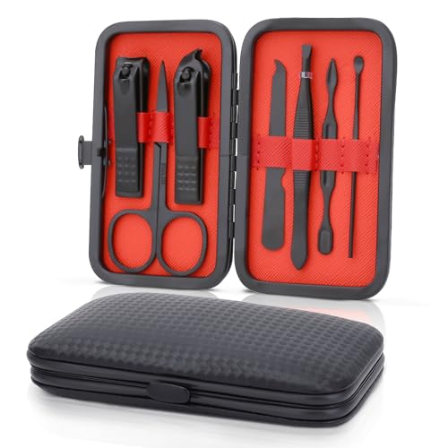 Manicure Set-Stainless Steel Nail Care Set-Professional 7 in 1 Ingrown Toenail Clipper Grooming Tool-Pedicure Kit & Toe Nail Cutter-Thick Nail Scissors Toiletries with Cuticle Trimmer (Black) - color: Black