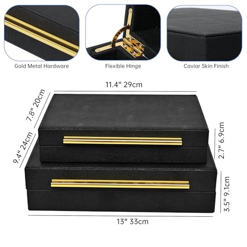 DECOR4SEASON Faux Shagreen Leather Jewelry Boxes Set of 2 with Gold Handles - color: Black, size: M