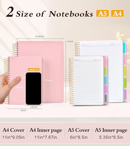 5 Subject Notebook College Ruled with Removable Pocket Dividers Tabs, 240 Pages Spiral Notebook 8.5 x 11, Lined Journal Notebook for Women , Hardcover Notebooks for Work School Note taking A4 Pink - color: Pink, size: A4