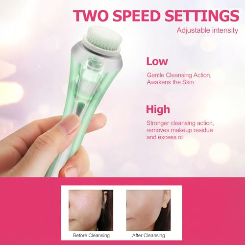 Facial Cleansing Brush, Electric Face Scrubber with 4 Brush Heads, Rechargeable USB Charging Dock, IPX4 Waterproof, 8000 RPM Dual Speed, Deep Cleansing & Exfoliation for All Skin Types (Green) - color: Green