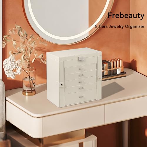 Frebeauty 6-Layer Jewelry Box for Women,Large Jewelry Organizer with Drawer - color: Pearl White, size: Large