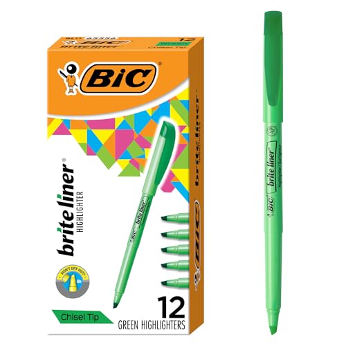 BIC Brite Liner Highlighters, Chisel Tip, 12-Count Pack of Green Ink - color: Green, size: 12 Count (Pack of 1)