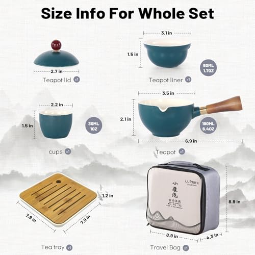 LURRIER Porcelain Chinese Gongfu Tea Set,Portable Teapot Set with 360 Rotation Tea maker and Infuser,Portable All in One Gift Bag for Travel,Home,Gifting,Outdoor and Office (Green) - color: Green