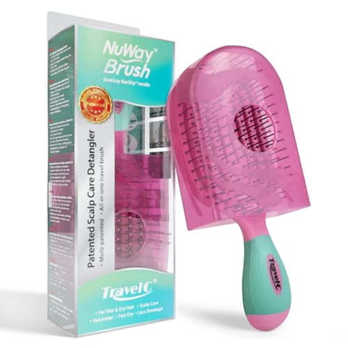 NuWay TravelC Scalp Care Hair Brush with Patented Travel Case – Vented Hair Brush for Scalp Massage, Blow-Dry Styling, Wet & Dry Hair, All Hair Types (Bubblegum Pink) - color: Bubblegum Pink