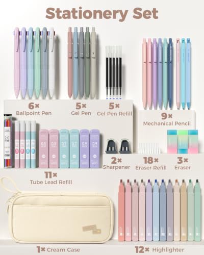 Four Candies 56 PCS Aesthetic School Supplies with Pencil Case (Cream) - color: Cream