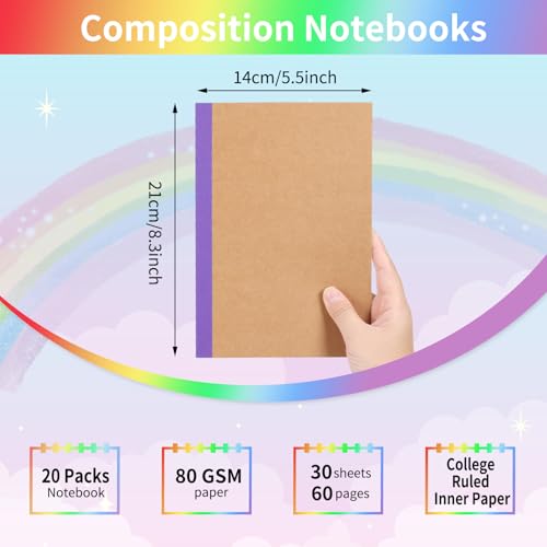 EOOUT 20 Pack A5 Kraft Notebooks, Lined Journal Bulk with Rainbow Spine, 10 Colors, 60 Pages Soft Cover Composition Notebooks for Women Girls Kids, School Office Supplies - color: Rainbow, style: Lined-20pack