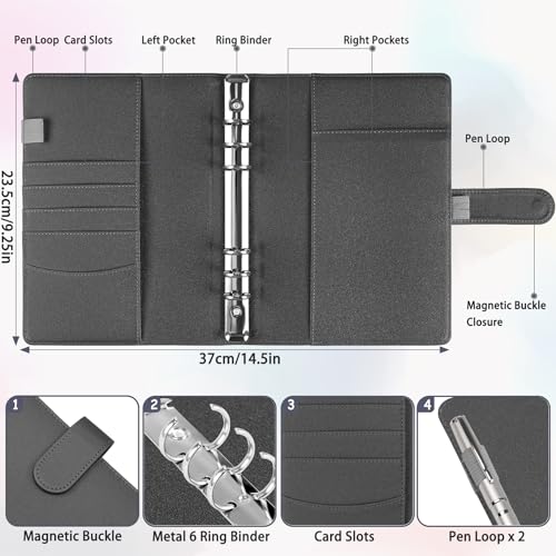 Antner A5 Binder 6 Ring Refillable Notebook Budget Planner Cover for Cash Organizer, PU Leather Loose Leaf Photocard Holder Aesthetic Binder with Magnetic Buckle for A5 Planner Inserts, Glitter Black - color: Glitter Black