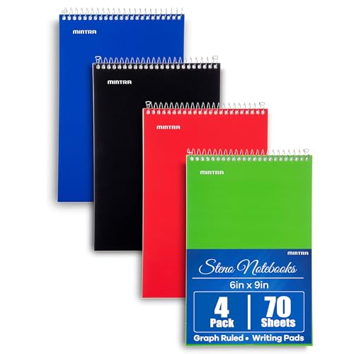 Mintra Office Steno Books Set - Top-Spiral Bound, Graph Ruled, 70 White Sheets, Poly Primary Color Covered Notebooks for Office, Professional, School & Work, Note-taking, Writing Pads, 6"x9", 4 Pack - color: Primary Colors 4pk, size: Graph Ruled