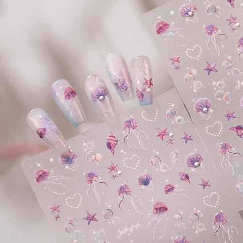 5D Embossed Under The Sea Stickers for Nail Art Jelly Fish Self-Adhesive Nail Art Decals for Women Nail Supplies Art Design Stickers (TL-483) - style: TL-483