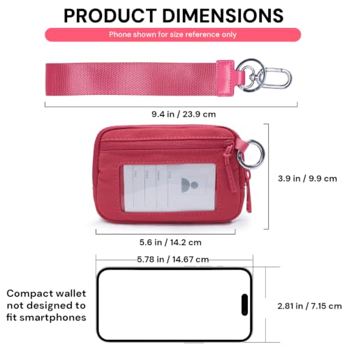 Wristlet Wallet for Women with Clear ID Window, Zip Coin Purse and Keychain - color: Raspberry