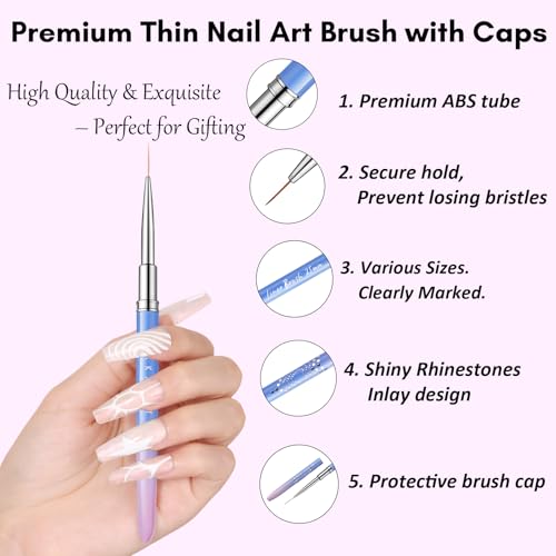 Makartt Nail Art Brushes Set: 5pcs Liner Brushes 7/9/11/15/25mm Thin Nail Art Design Brush with Cap Nail Polish Brush for Builder Gel 3D Nail Gel French Tip Tool Nail Painting - color: Blue