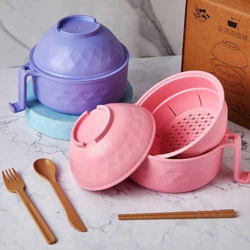 2 Sets 40 oz Microwave Ramen Bowl with Handles, Pink, Purple - color: Pink, Purple